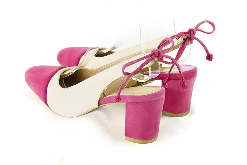 Fuschia pink and off white women's slingback shoes. Round toe. Medium block heels. Rear view - Florence KOOIJMAN